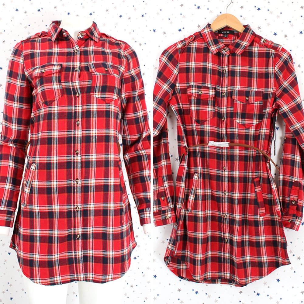 Plaid Button Up Shirt Dress with Belt Red